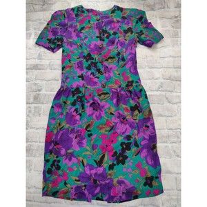 Vintage RGY Floral Drop Waist Dress Size 6 Petite Purple Green Rayon Dress